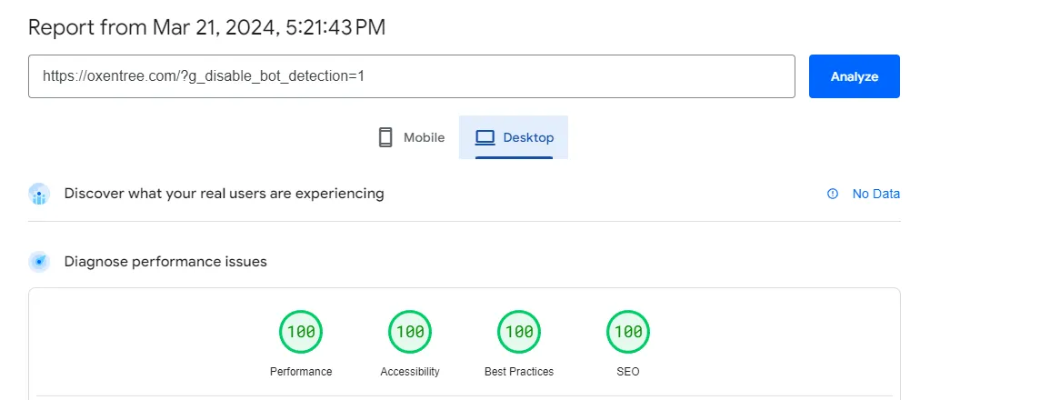 Screenshot of PageSpeed Insights analysis for oxentree.com